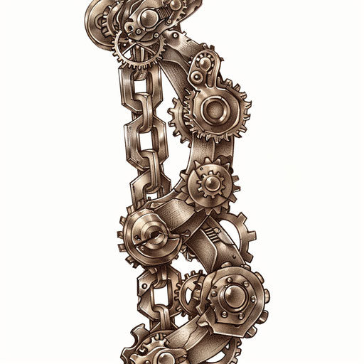 Steampunk chain tattoo with gears and bolts in sepia on white