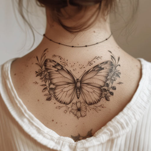 Butterfly neck tattoo with botanical details