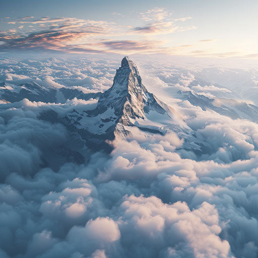 Aerial view of the Matterhorn surrounded by clouds, in the style of Jimmy Chin