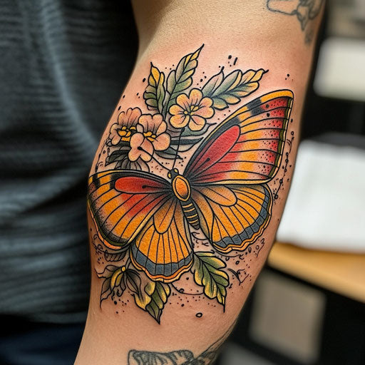 Butterfly tattoo on arm with comic book style