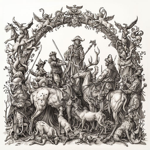 Medieval hunt with hunters and stag in detailed etching