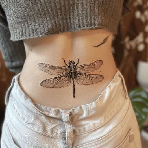 Dragonfly lower back tattoo, M.S. Merian style