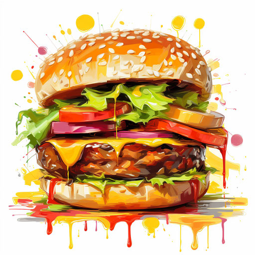 Burger clipart in Impressionistic Art style, on white background