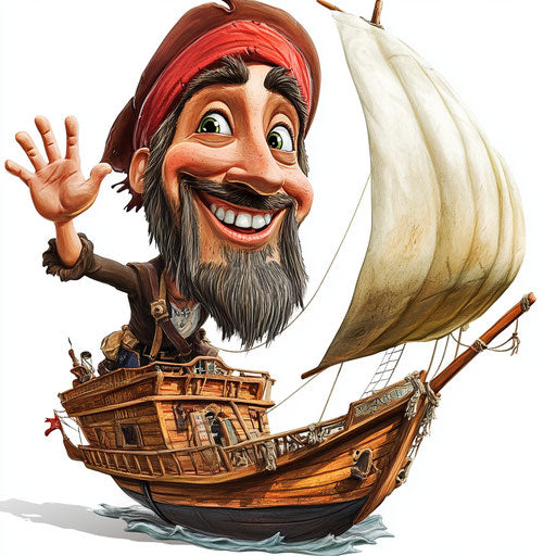 Humorous caricature of a pirate ship with human characteristics