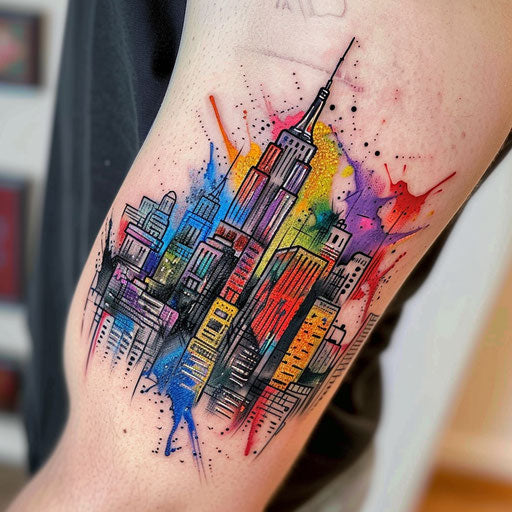 Modern gangster tattoo depicting urban cityscape with graffiti, in vivid colors on white