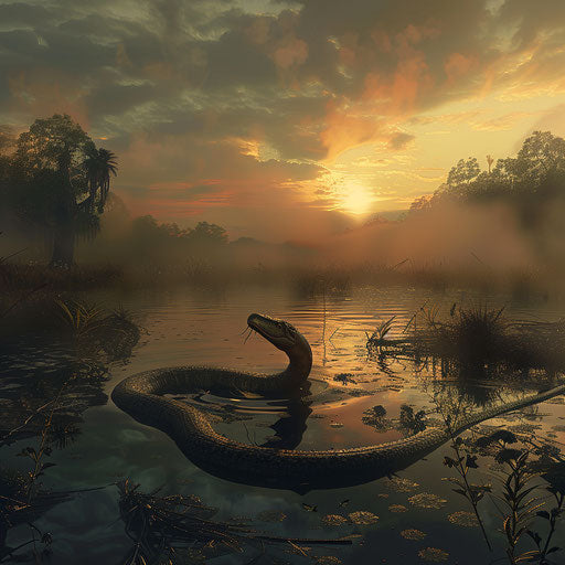 Titanoboa in a serene ancient swamp at dawn