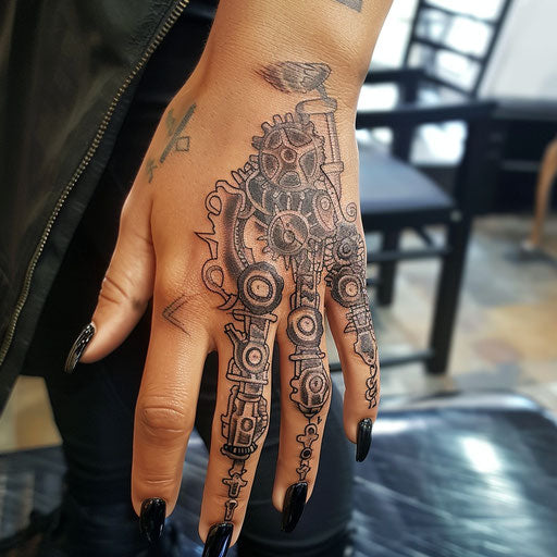 Finger tattoos for women in the style of Adrian Smith featuring steampunk elements