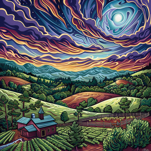 Music festival poster, Roanoke Virginia, Blue Ridge mountains, trippy sky, farm