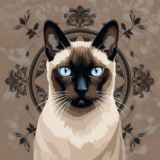 Siamese cat on dark brown and light beige background, northern and southern dynasties style, petcore, barbiecore, Quito school