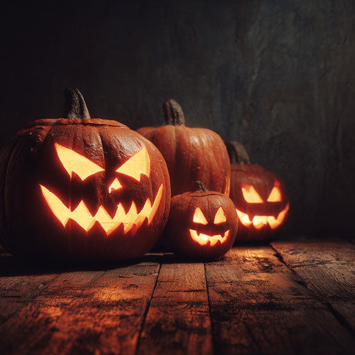 Three carved Halloween pumpkins on a wooden surface
