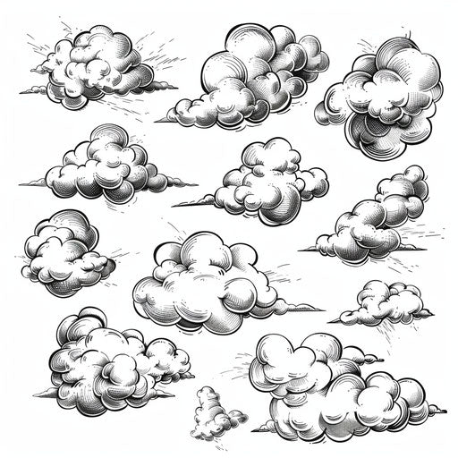 A collection of cloud tattoos in a sketch style, drawn by hand on a white background