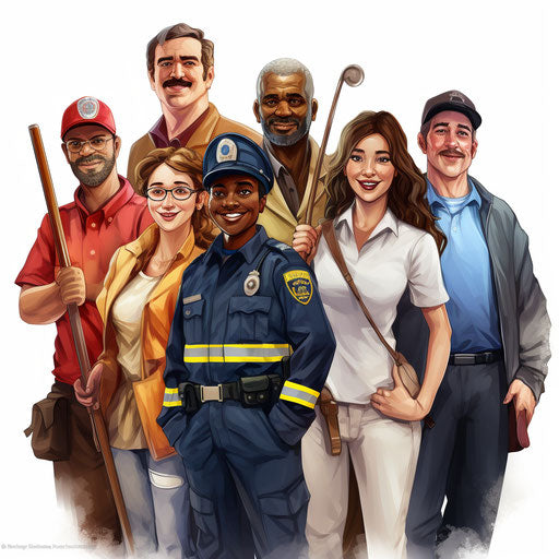 Community helpers clipart in the style of Oil painting, on a white background