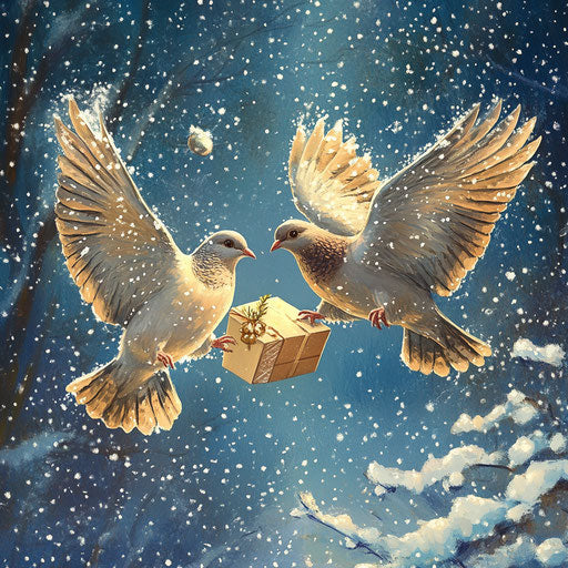 Two turtle doves delivering letters and gifts during holidays