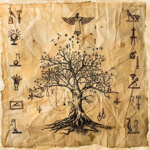 Egyptian-themed tree of life tattoo drawing with hieroglyphs and ancient symbols on white parchment