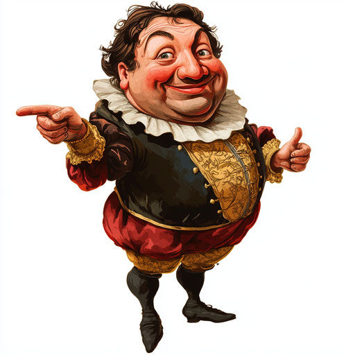 Humorous caricature of a Lorenzo de Medici caricature clipart with human characteristics, exaggerated rosy cheeks, small feet, miniature, vibrant colors, cartoon style, pointing, high-resolution, no background, isolated