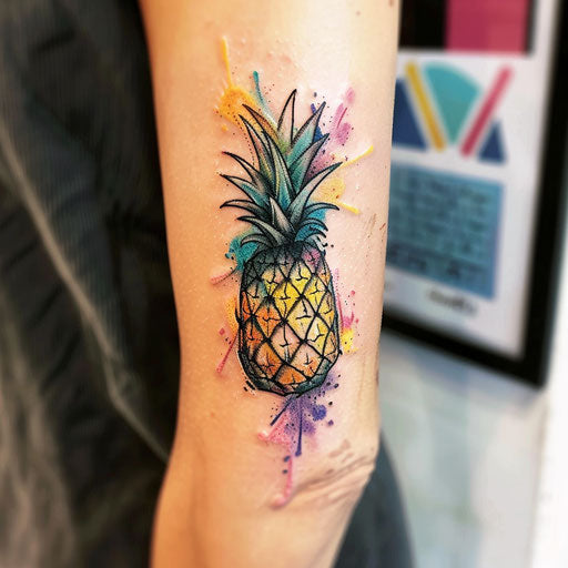 Modern minimalist pineapple tattoo with a splash of abstract pastel colors
