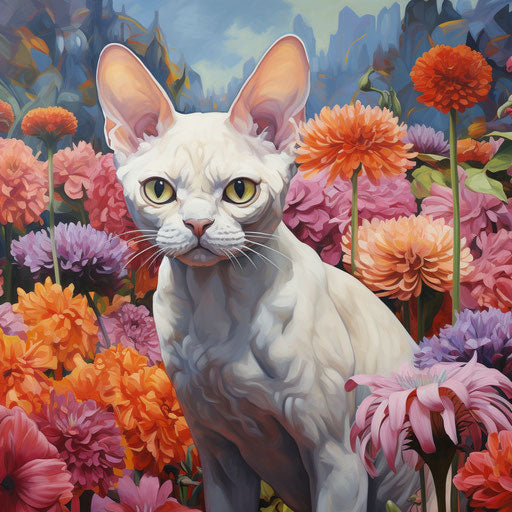 Devon Rex cat in a field of flowers
