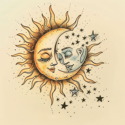 Charming tattoo sketch of a sun and moon with stars, whimsical, pastel color palette