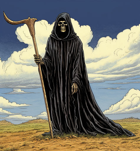 The Grim Reaper in black, cartoon realism style, full body