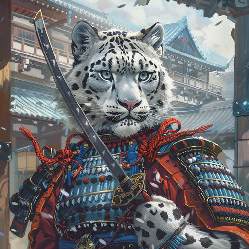 Snow leopard in samurai armor ready for battle