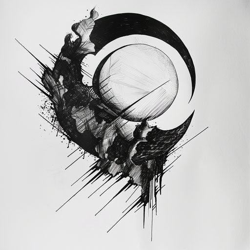Contemporary abstract eclipse tattoo sketch in monochrome
