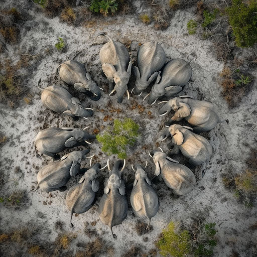 Protective circle of wild elephants and their young