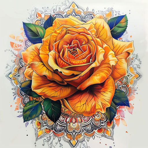Bohemian tattoo sketch of an amber rose with intricate mandala patterns in the background, vibrant and colorful