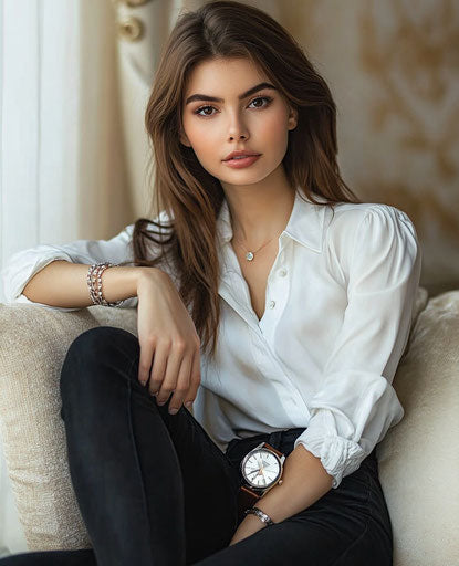 Attractive Russian woman on sofa, luxury watch