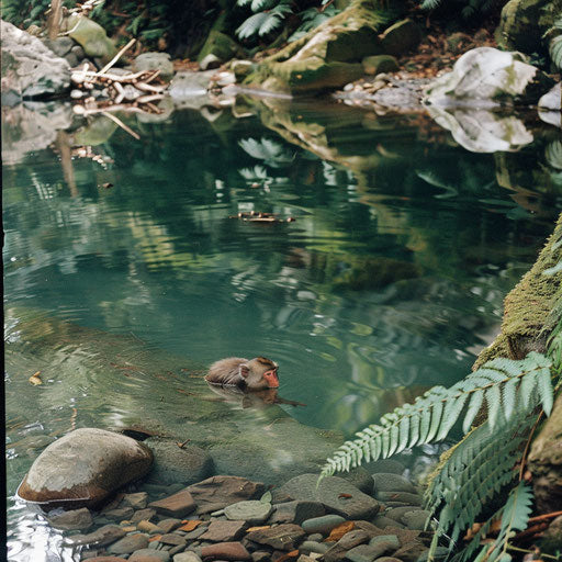 Tranquil river with a monkey drinking at the water