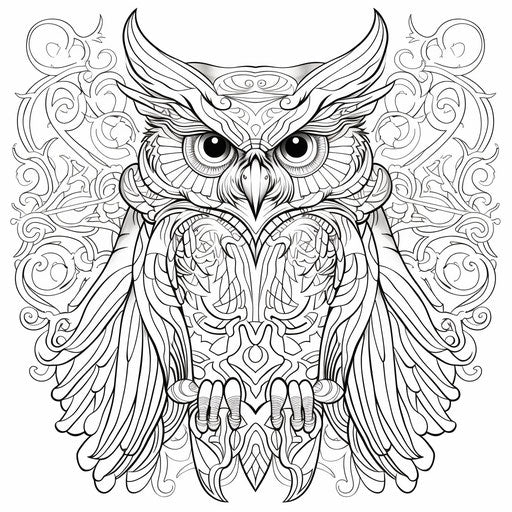 Adult coloring page of an owl, monochromatic style