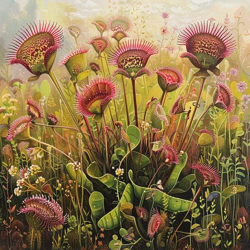 A Venus flytrap blooming, attracting pollinators with vibrant flowers, in a lush wild meadow.