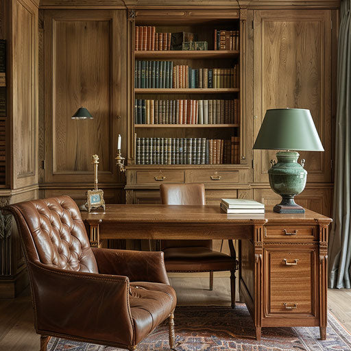 Elegantly understated home office with vintage oak desk, leather chair, and classic green banker's lamp.
