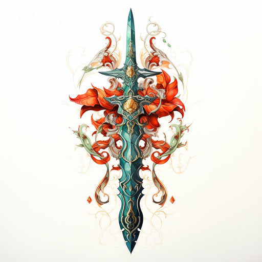Origami tattoo sword on white background, psychedelic art nouveau style