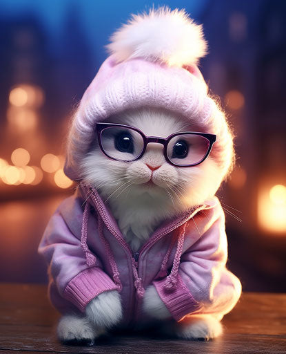 Cute pink and white bunny with glasses and hat