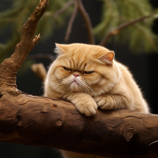 Exotic shorthair cat resting on a tree branch