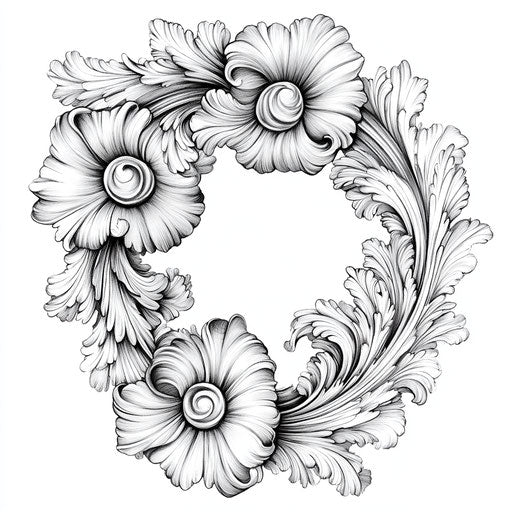 Complex baroque ornament with floral details in the style of Gennady Spirin, coloring book page
