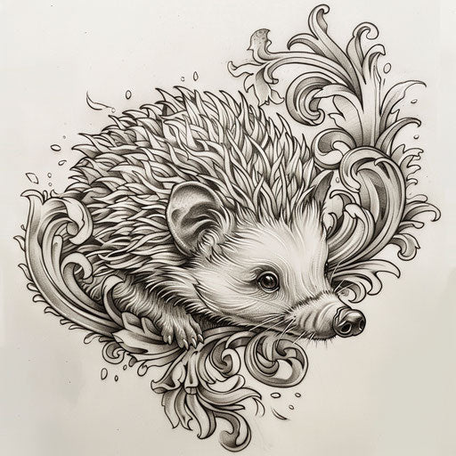 Baroque tattoo sketch of a hedgehog with ornate details