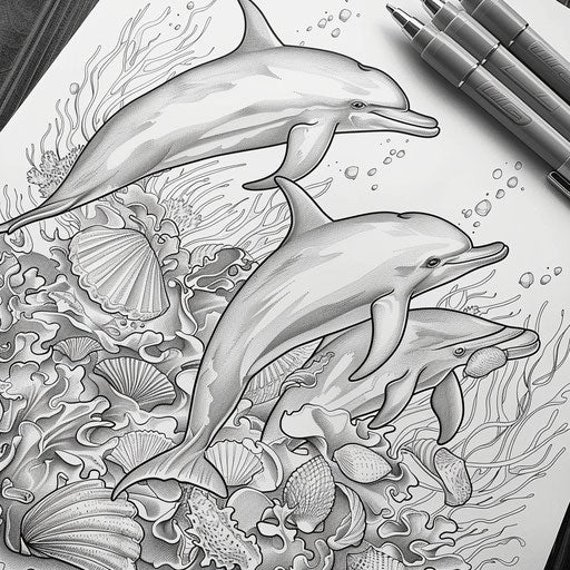 Nature-themed dolphins with seashells in the style of Teagan White coloring book page