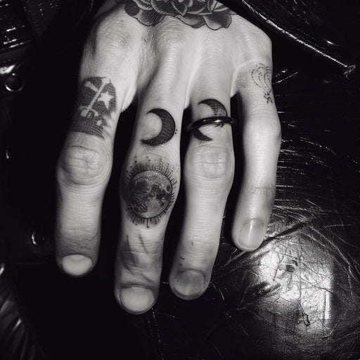 Sun and moon ring tattoo on finger