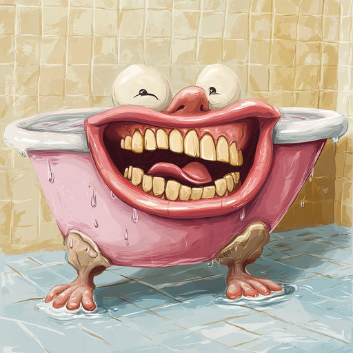 Humorous caricature of a bath caricature clipart with human characteristics, exaggerated wide mouth, with toes feet, pastel shades, vibrant colors, cartoon style, smiling, high-resolution, no background, isolated -c 40