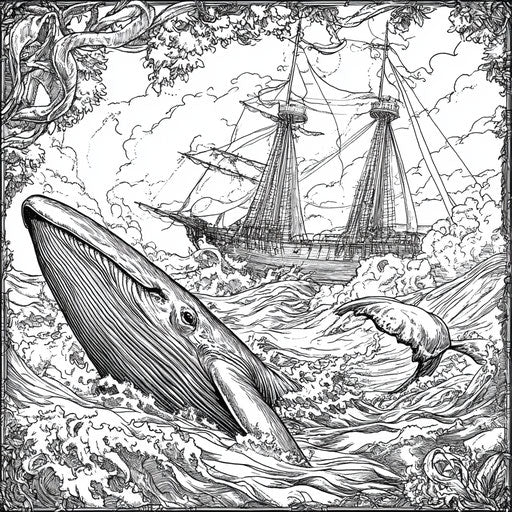 Jonah tossed overboard, with the whale waiting below, in the style of Gennady Spirin, coloring book page