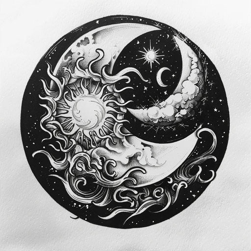 Flat tattoo sketch of a sun and moon yin yang design within a circle