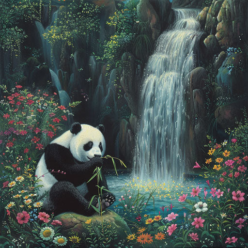 Giant panda eating bamboo under a gentle waterfall