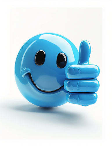 Blue smiley face with thumbs up on white background