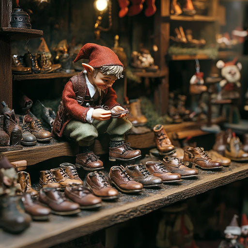 An elf cobbler crafting small shoes for the new elves of the season, his workshop filled with perfect miniatures.