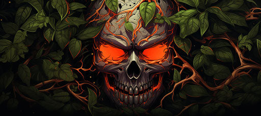Skull covered leaves red eyes angry graphic silver orange