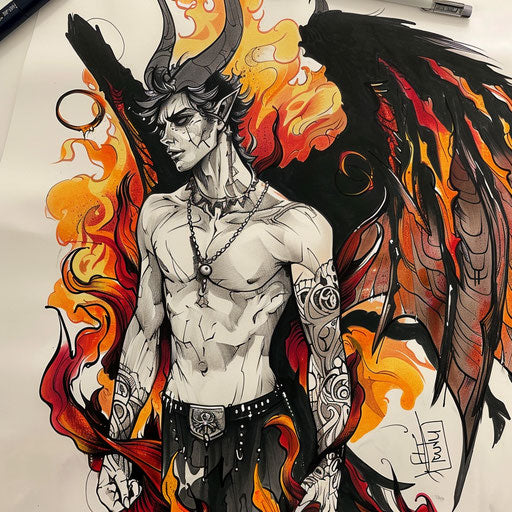 Vibrant flat tattoo sketch of Lucifer with red and orange flames backdrop