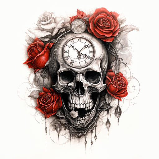 Skull, roses and clock tattoo on red leather