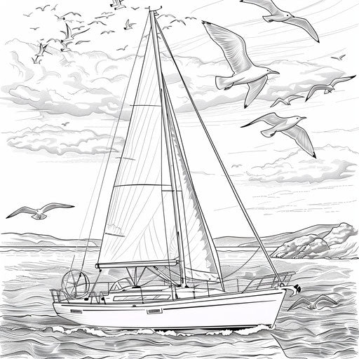 Sailboat on calm sea with overhead seagulls, detailed illustration