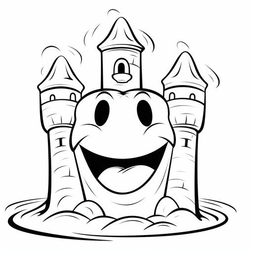 Sand castle with a smile, child's drawing in black and white